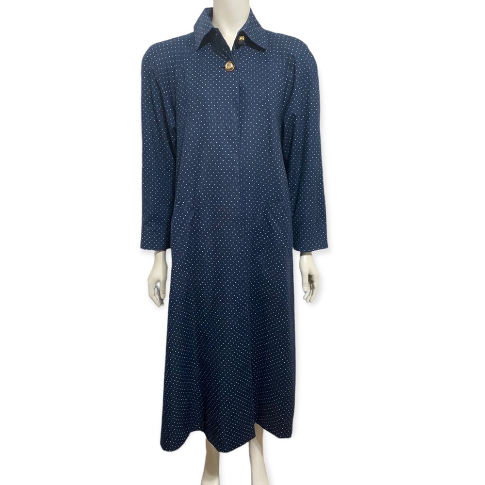 AQUASCUTUM Vintage Blue White Polka Dot H.M. Queen Elizabeth Trench Long Coat XL - Picture 3 of 12